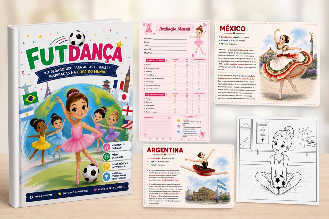 Kit FUTDANÇA: ebook, fichas dos países, avaliação, certificado e medalha